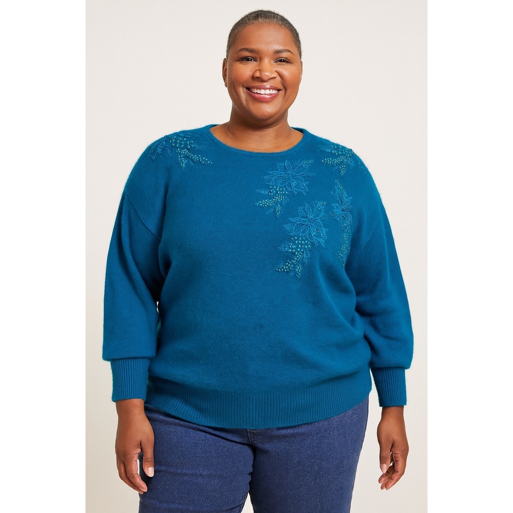 Angora Knitted Pullover Sweater Turquoise Embroidered Floral Beaded Vintage‎ 1X
